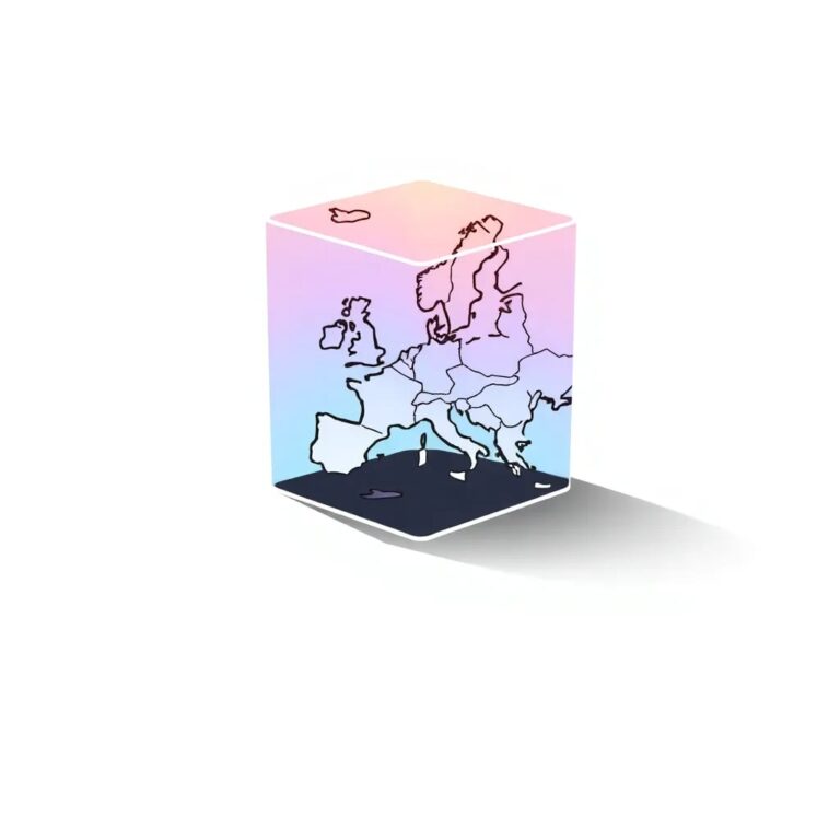 A translucent glass prism with intricate, ever-shifting AI algorithms etched into its surface, casting a spectrum of colors onto a map of Europe.