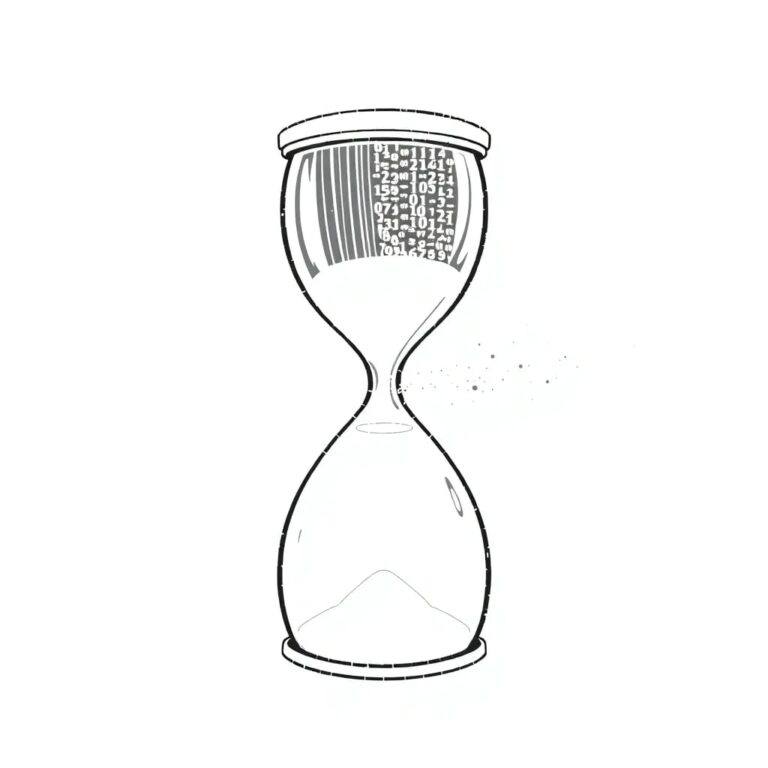 A fractured digital hourglass with one side filled with binary code and the other with scattered, glowing pixels