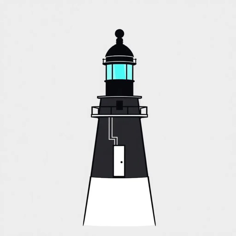 A lighthouse with a beacon that pulses in the colors of a digital circuit board