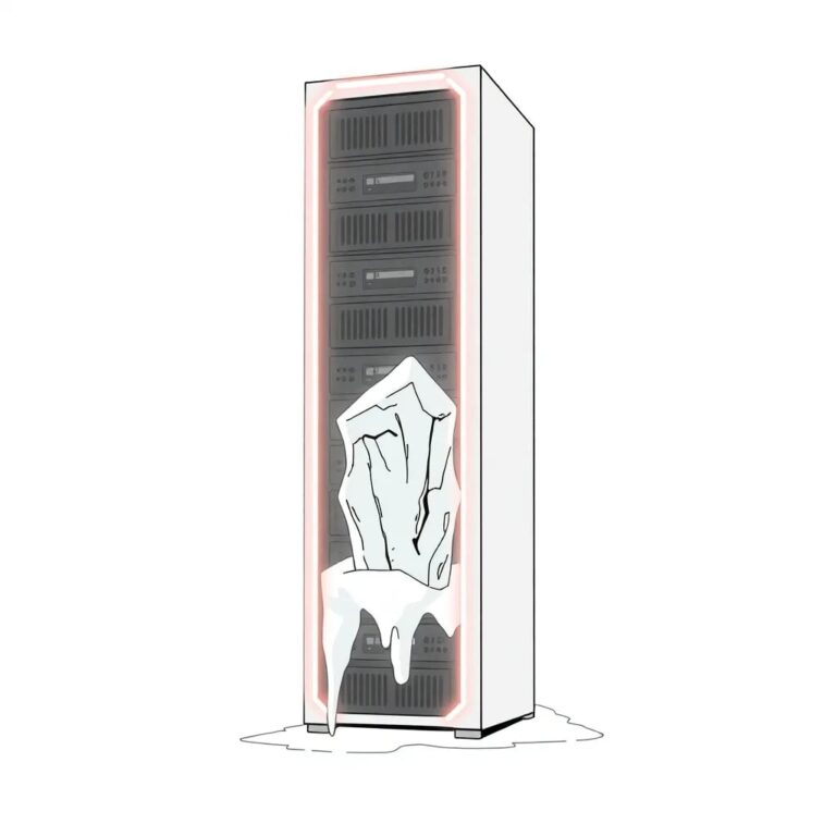 A towering, neon-lit server rack with a melting ice sculpture integrated into its frame