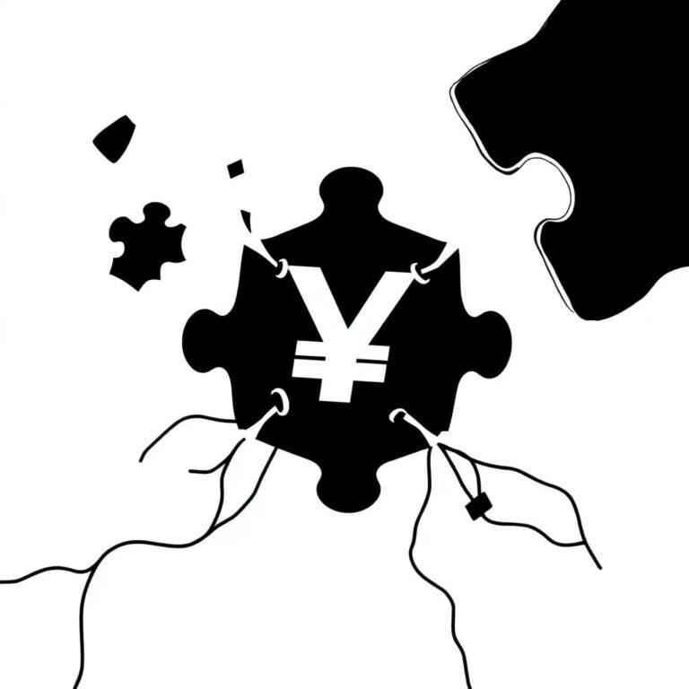 A shattered digital jigsaw puzzle with a yuan symbol and a Meta logo on the pieces, surrounded by a web of regulatory documents
