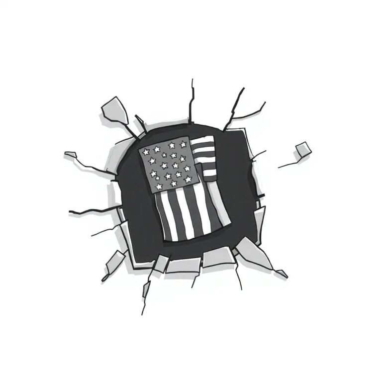 A shattered silicon wafer with a miniature American flag embedded within the cracks