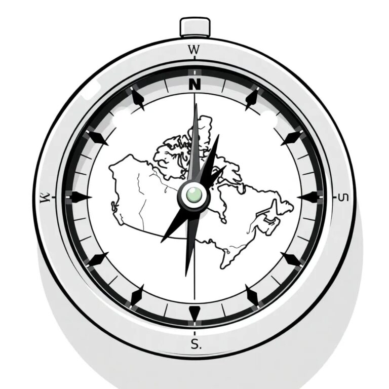 A compass with a digital display that constantly shifts and updates, showing a map of Canada with AI nodes lighting up in different regions.