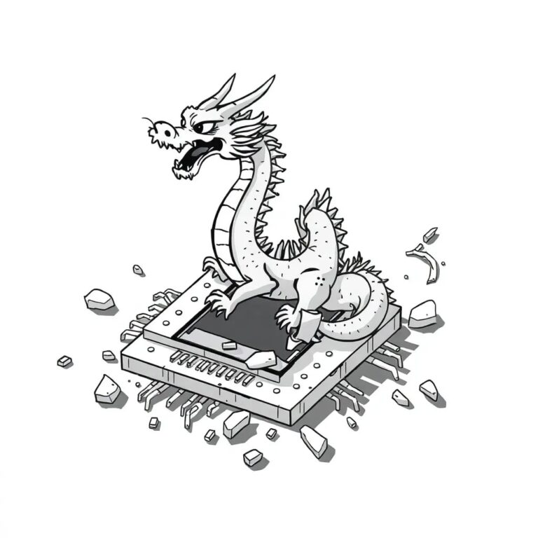 A shattered silicon chip with a Chinese dragon emerging from the fragments