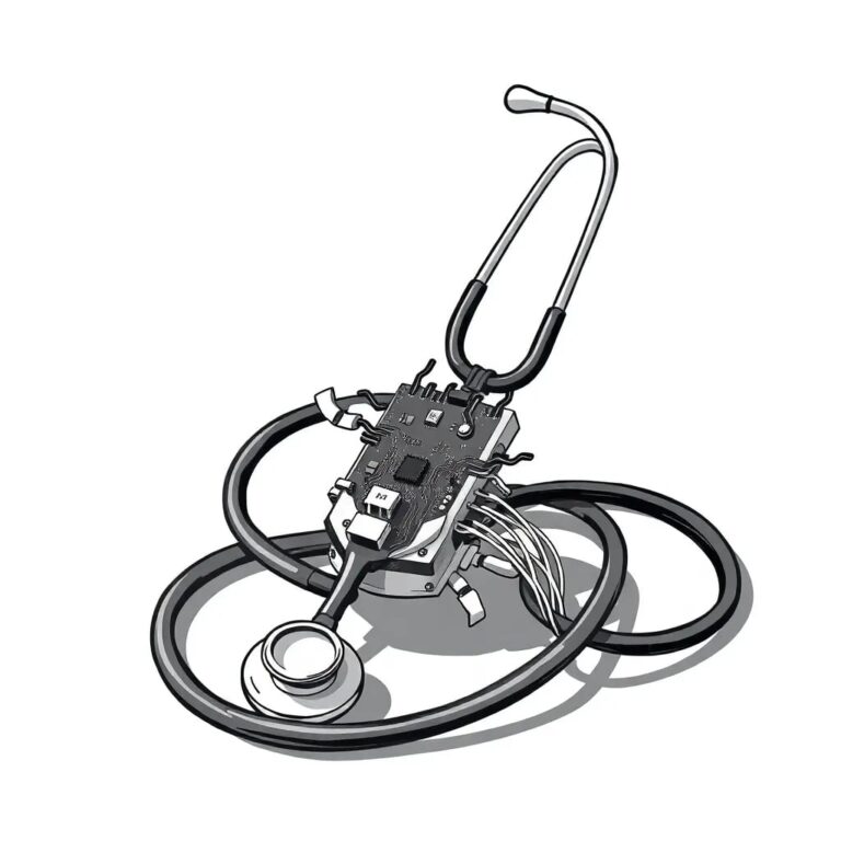 A shattered stethoscope with a circuit board intertwined within its broken parts