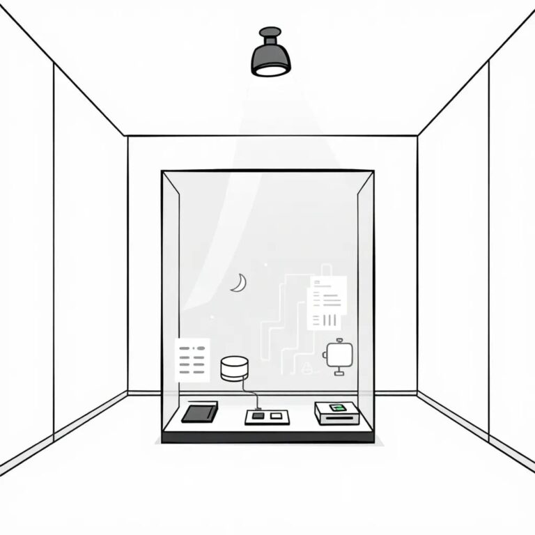 A glass-walled AI laboratory with a spotlight illuminating a transparent data pipeline