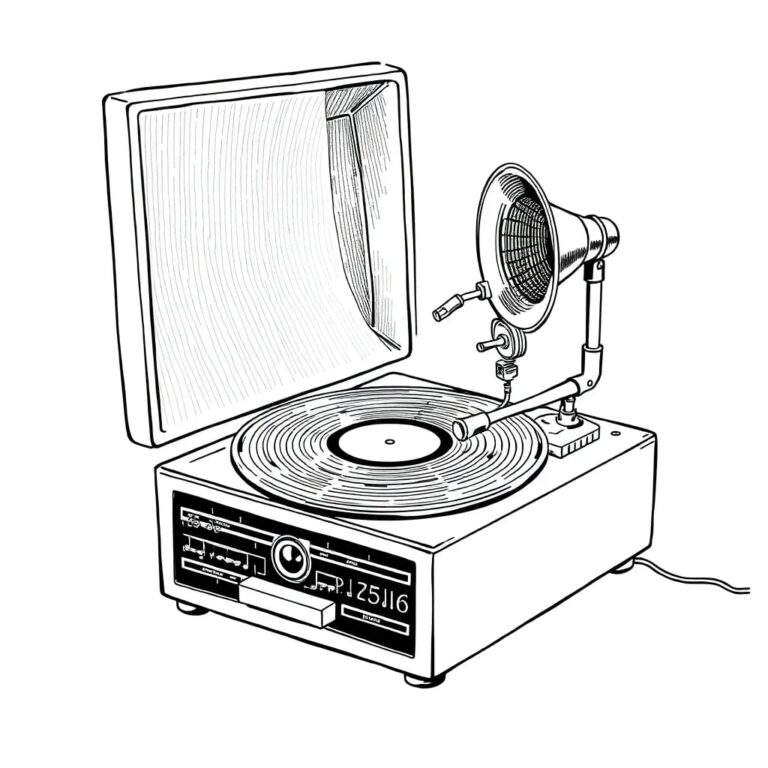A vintage Italian phonograph playing a record with a distorted, ever-changing melody, while a small, intricate AI circuit board is embedded in the phonograph's horn.