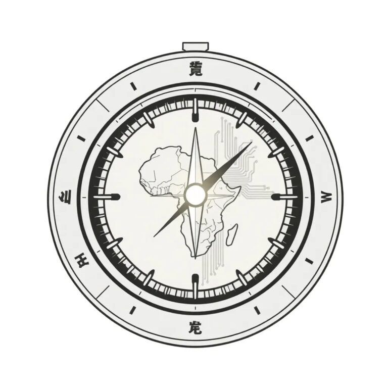 A futuristic, intricately designed digital compass with a map of the Congo at its center, where the compass needle points to a glowing AI circuit board.