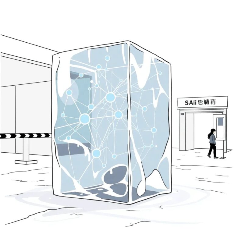 A high-tech, transparent ice sculpture of a digital network, with AI algorithms visibly flowing through it like liquid water, set against a backdrop of a border checkpoint.