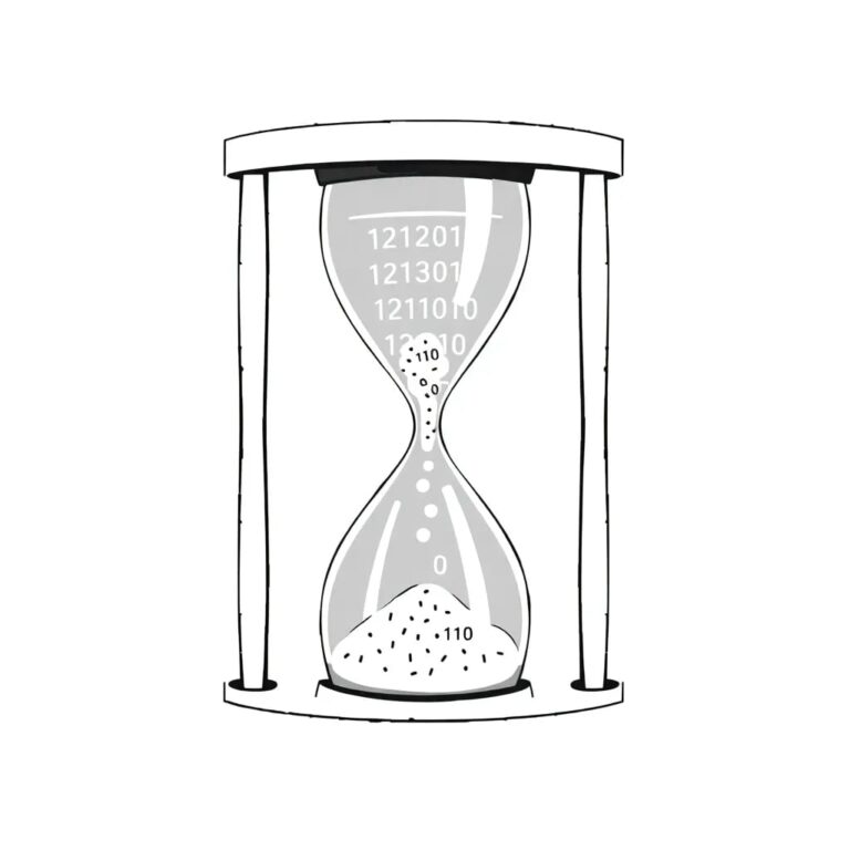 A digital hourglass with flowing binary code instead of sand