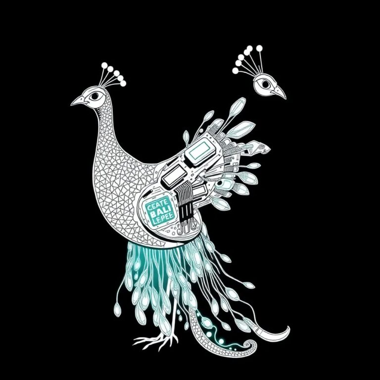 A cybernetic peacock with feathers made of circuit boards and a tail that displays dynamic, holographic legal codes