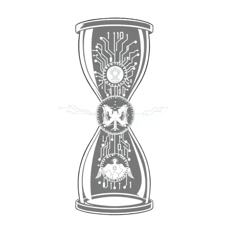 A futuristic, transparent hourglass filled with swirling binary code and glowing AI circuits, with a state seal of New York embedded on the glass.
