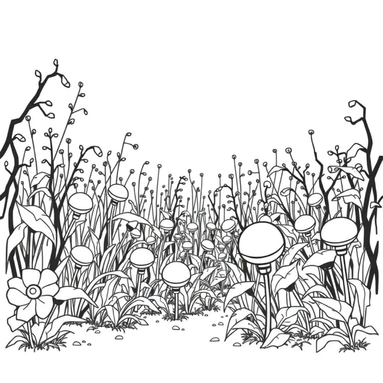 A sprawling, overgrown garden overrun with robotic weeds