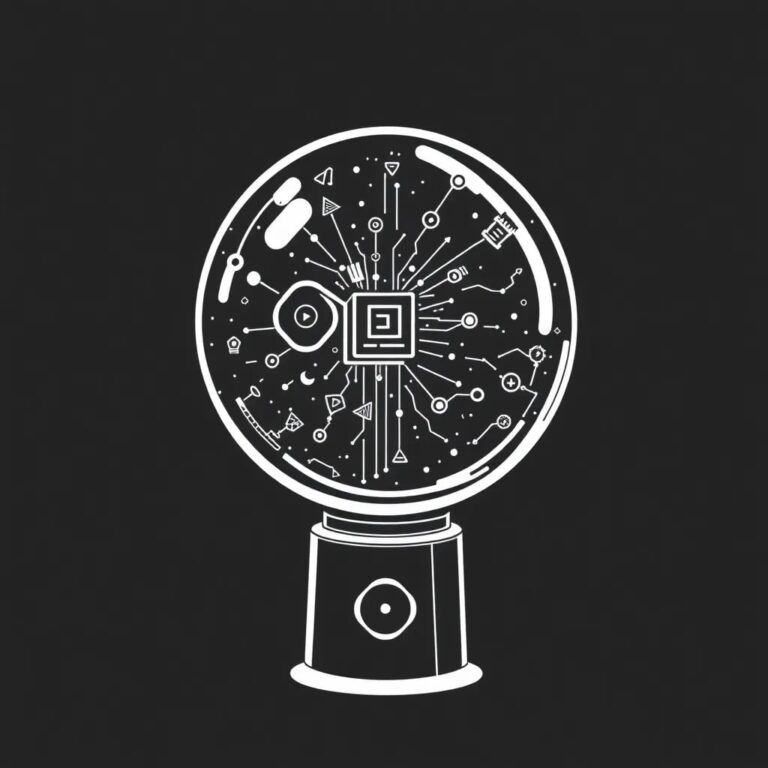 A crystal ball filled with swirling algorithms and data streams, resting on a futuristic, AI-controlled pedestal.