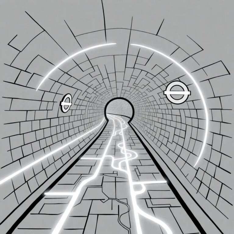 A futuristic, AI-powered London Underground map with glowing, adaptive routes that shift and change in real-time, symbolizing the dynamic integration of AI skills into the city's workforce.