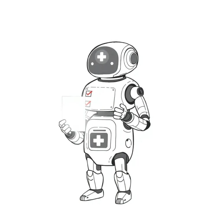 A futuristic, transparent medical droid holding a glowing, holographic checklist that updates in real-time.