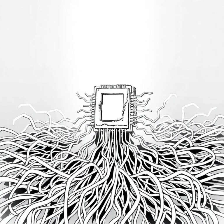 A shattered, glowing circuit board with a broken, twisted AI chip at its center, surrounded by a field of tangled, frayed wires.