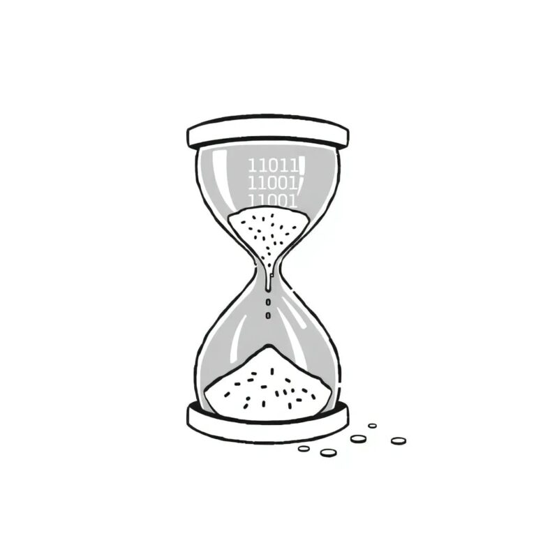 A shattered digital hourglass with binary code sand leaking from its broken glass