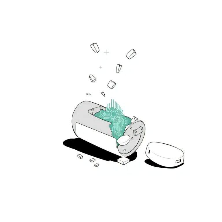 A shattered pill bottle with a digital circuit board emerging from the fragments