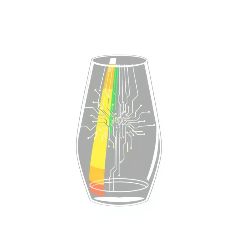 A glass prism with a digital circuit pattern etched into it, refracting light into a spectrum of colors, each color representing a different aspect of AI-generated content transparency.