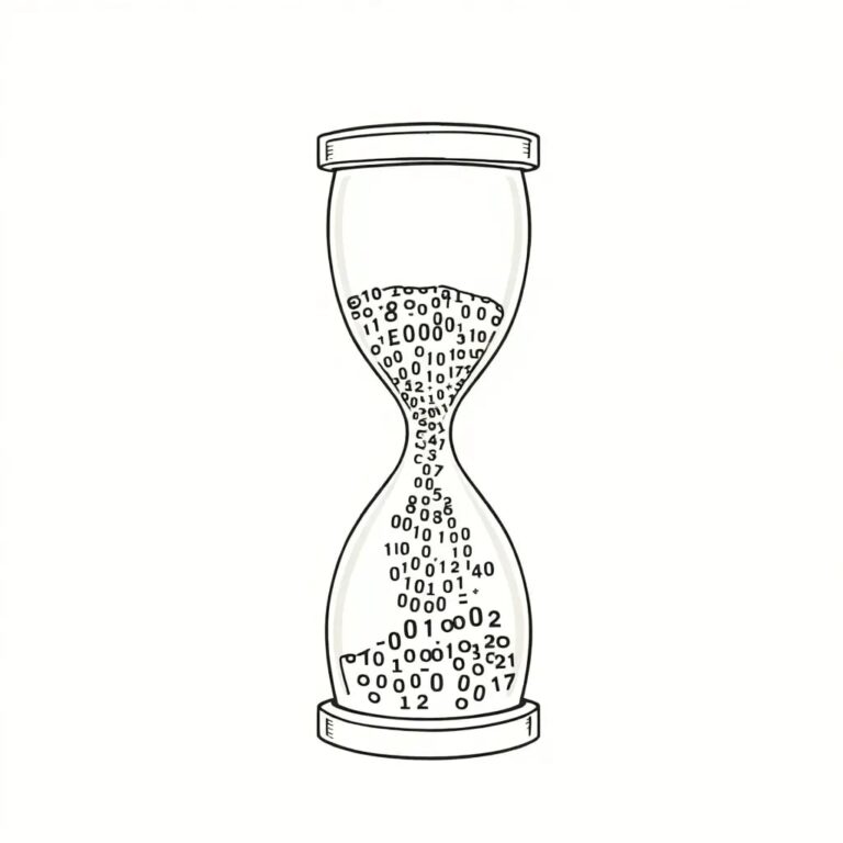 A digital hourglass filled with binary code, slowly shifting from a chaotic stream to an organized pattern as it flows through a narrow, transparent AI processor.
