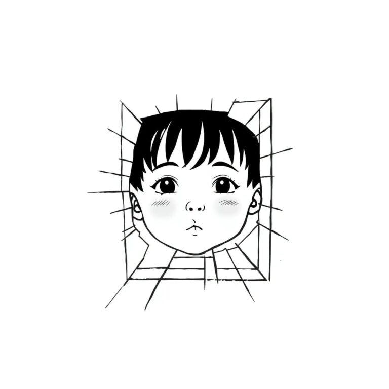 A shattered digital mirror reflecting a distorted, pixelated image of a child's face