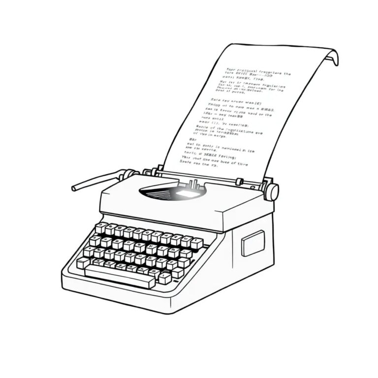 A mechanical typewriter with a glowing AI chip embedded in its keys, perpetually typing out complex regulations on a scroll of paper that extends infinitely into the distance.