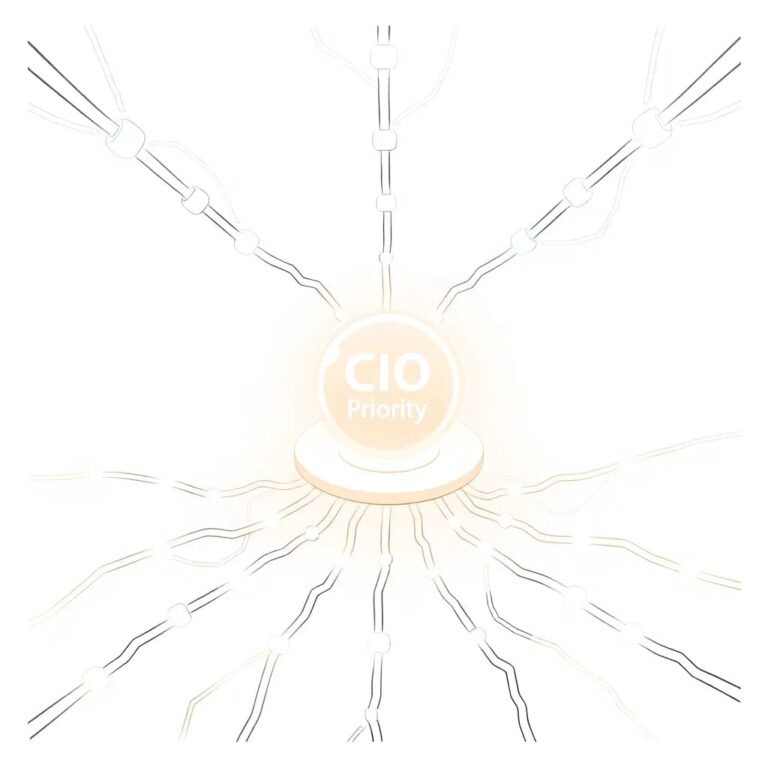 A futuristic, interconnected neural network sculpture with pulsating lights, representing the rapid spread and integration of AI across Europe and the Middle East, with a prominent, glowing node labeled 'CIO Priority' at its center.