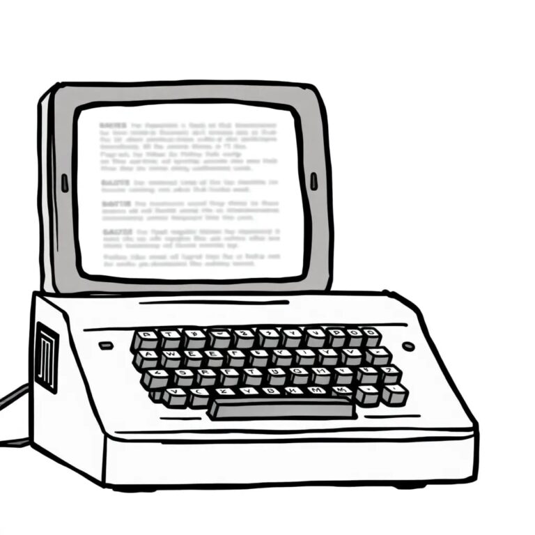 A vintage stenotype machine with a digital screen displaying a blurred, pixelated transcript