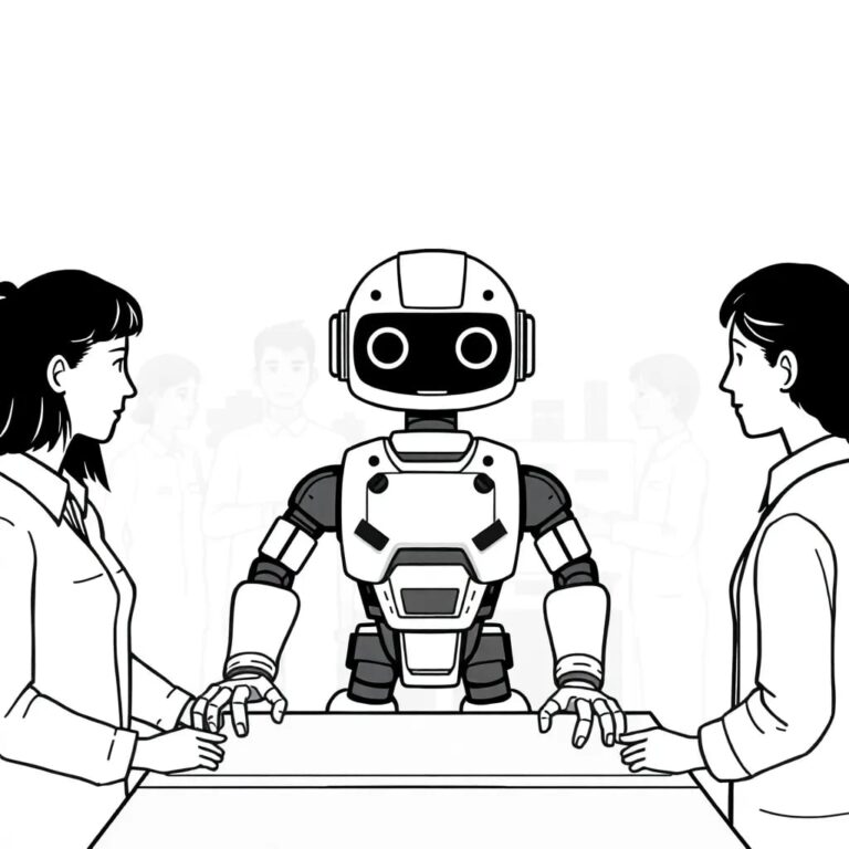 A futuristic, AI-driven assembly line robot that seamlessly integrates with human workers, symbolizing the harmonious operationalization of AI in business.