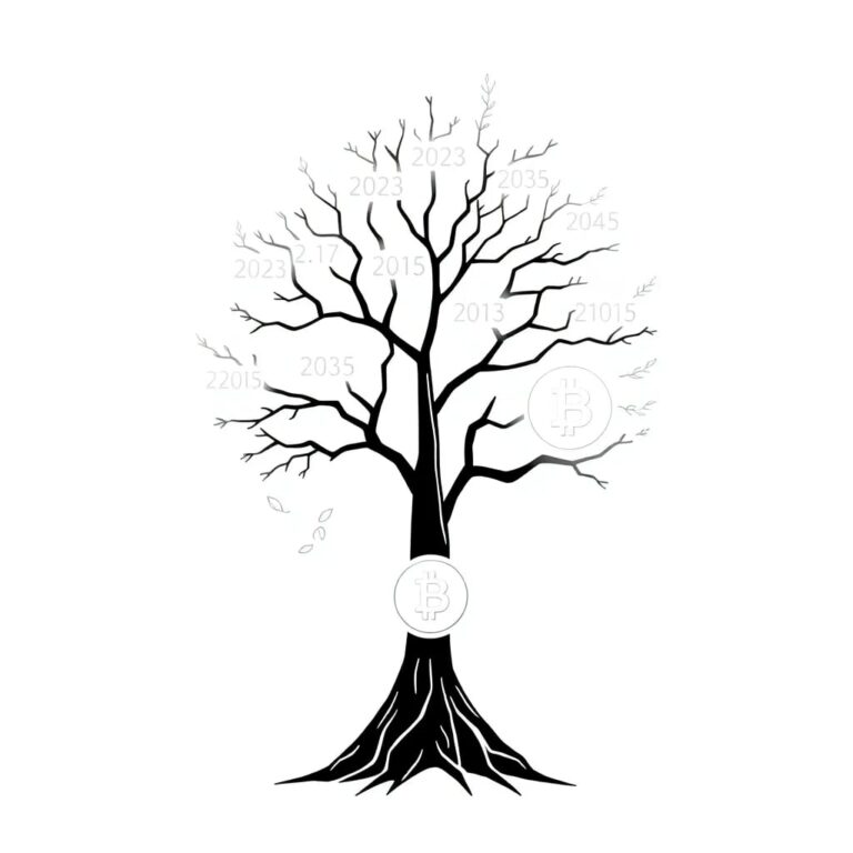 A futuristic, ever-growing digital tree with branches representing different AI sectors, each leaf displaying a year from 2023 to 2035 and glowing brighter as it approaches 2035, with a USD 5.38 billion coin at its roots.