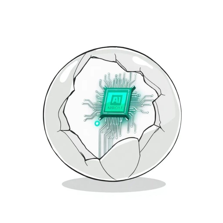 A shattered crystal orb with a glowing AI circuit board embedded within