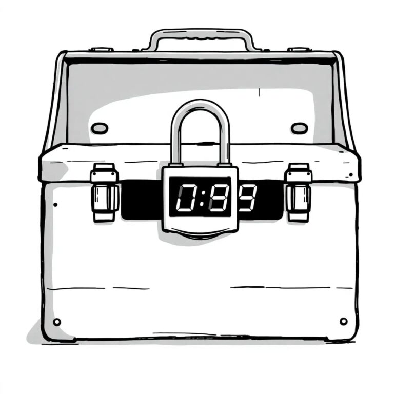 A rusted, locked toolbox with a digital padlock displaying a countdown timer