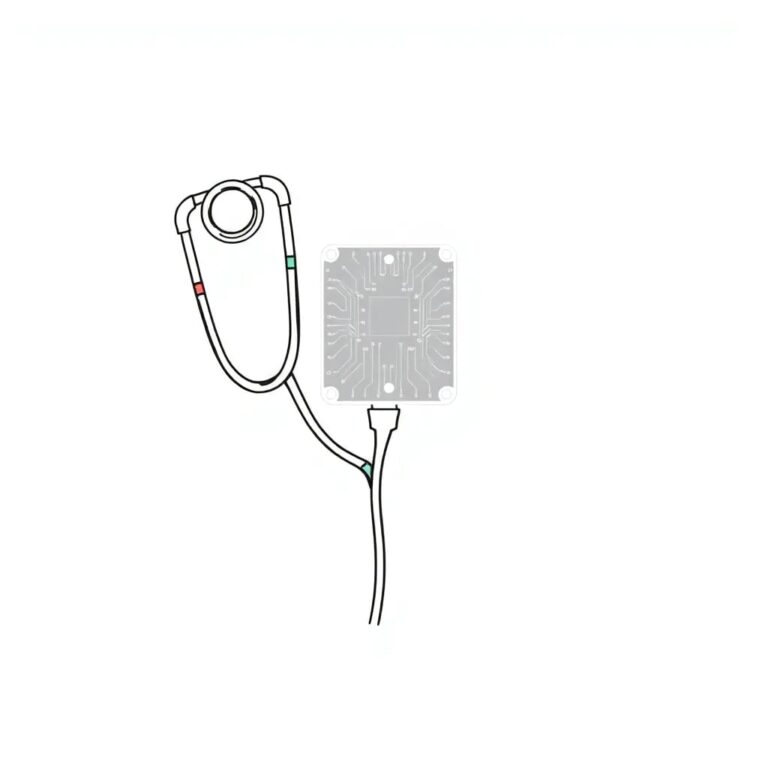 A digital stethoscope with a glowing AI circuit board embedded in its chest piece