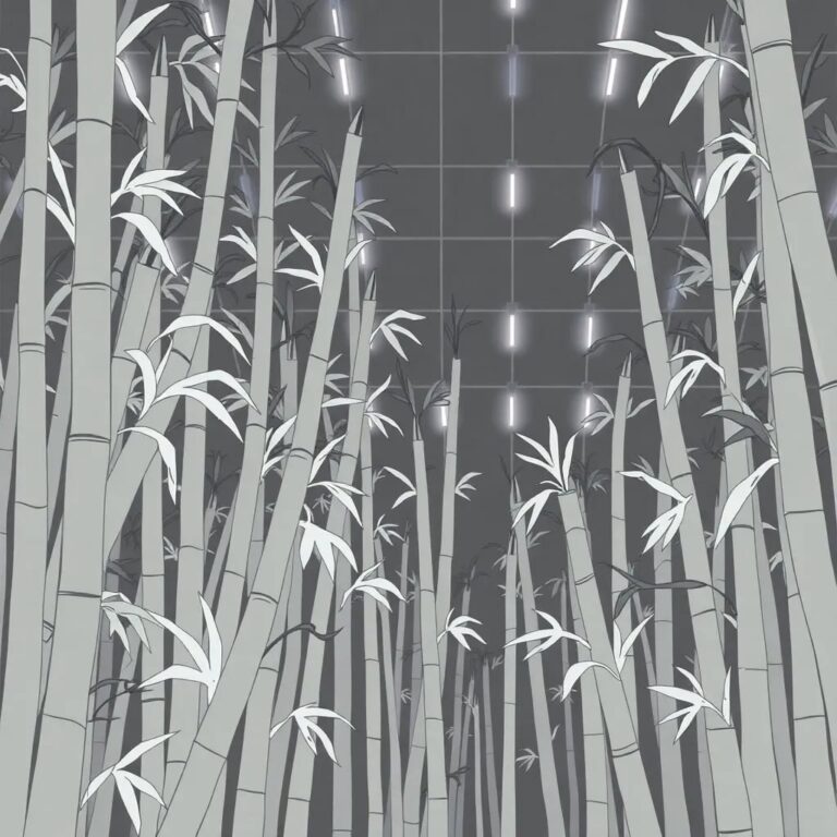 A sprawling, organic bamboo forest with each stalk growing in a unique direction, illuminated by a grid of neon lights in the background.