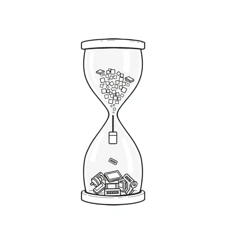 A digital hourglass filled with binary code and microchips, slowly trickling into a locked, transparent vault