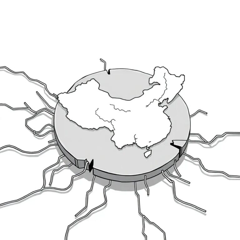 A shattered silicon wafer with a map of China etched onto its surface, surrounded by a tangled web of broken circuit paths