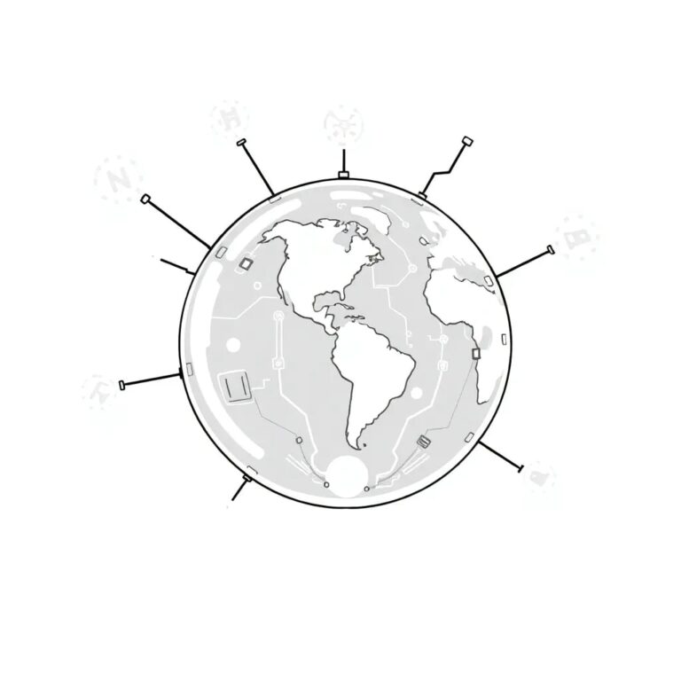 A futuristic, transparent globe with interconnected digital circuits and glowing regulatory symbols orbiting around it.