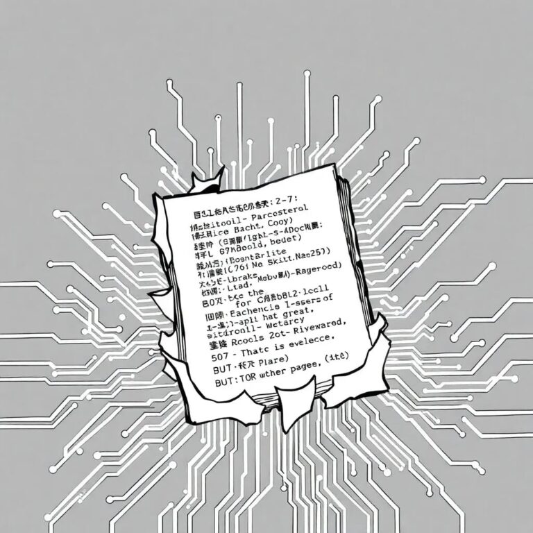 A shattered, glowing circuit board with a book page embedded in the center, displaying a list of citations that flicker and change like corrupted data.