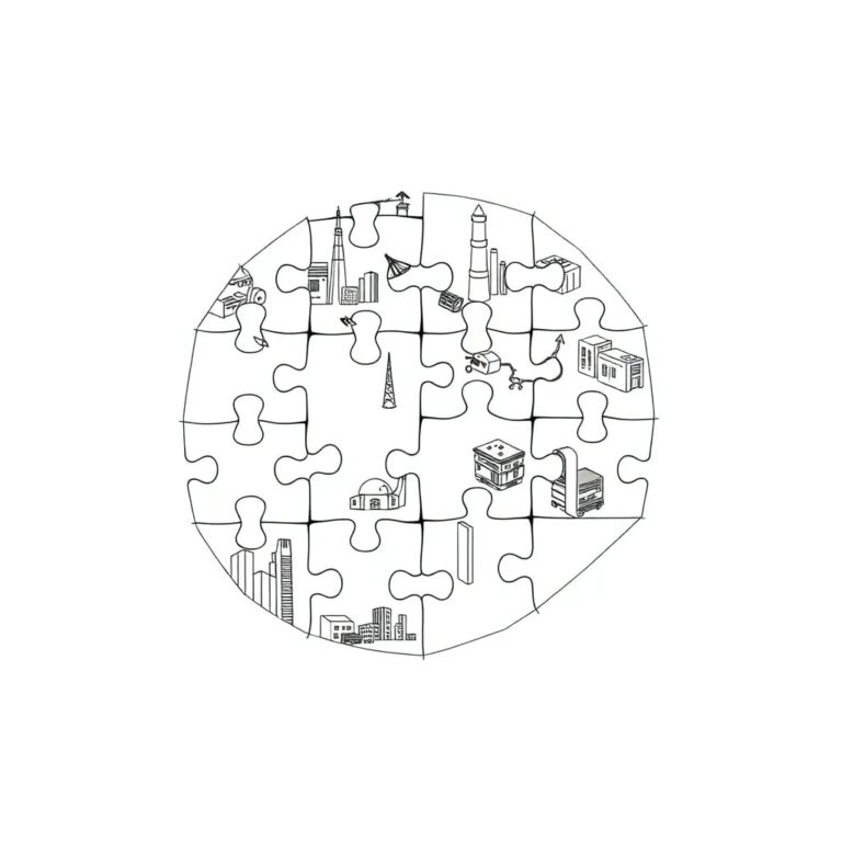 A futuristic, self-assembling jigsaw puzzle with pieces that represent various industries, constantly rearranging to form new, more efficient patterns.