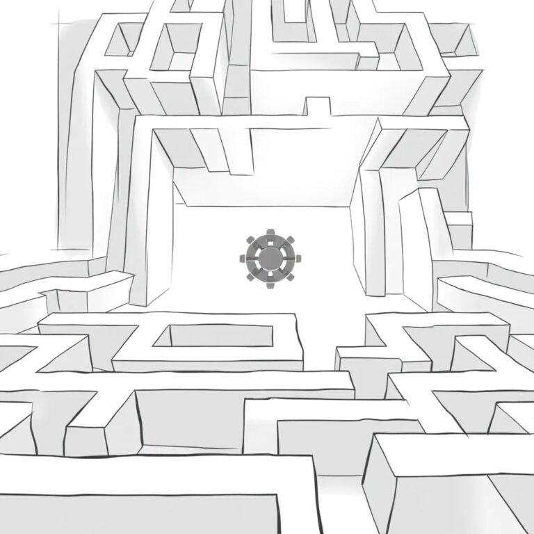 A labyrinthine maze with a central, glowing AI node