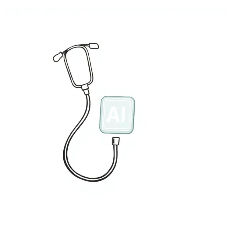 A digital stethoscope with a glowing, pulsating AI chip embedded in its chest piece, symbolizing the integration of advanced technology in medical diagnostics and the need for safeguards.