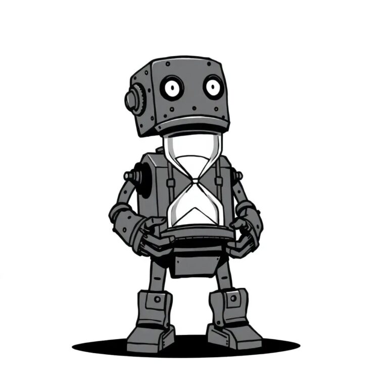 A rusted, deactivated assembly line robot holding a broken hourglass