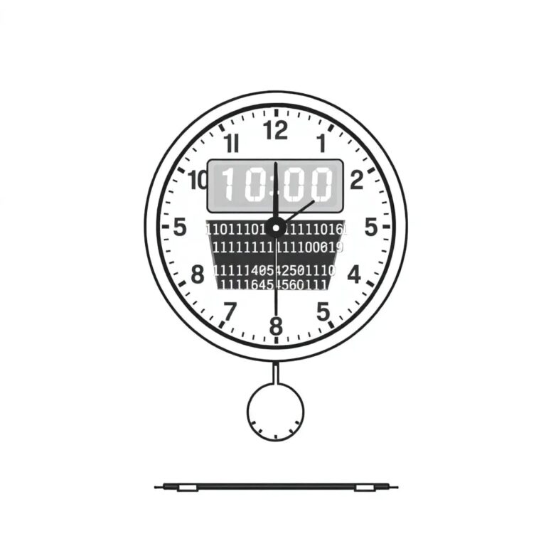 A pendulum clock with a digital display that flickers between binary code and legal text