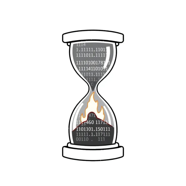 A digital hourglass filled with binary code and glowing embers