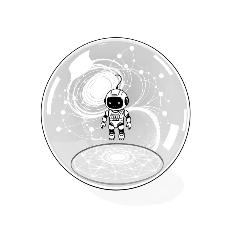 A futuristic, transparent glass orb containing a swirling digital galaxy, with a small, intricate AI bot figurine floating at its center, and a Web3 blockchain network pattern etched onto its surface.