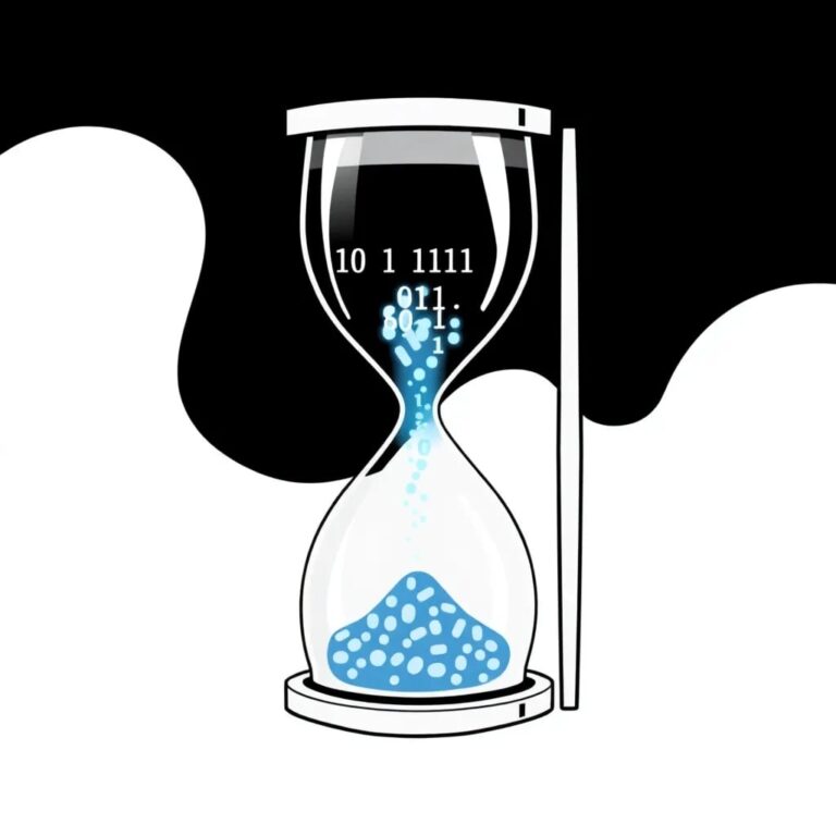 A digital hourglass filled with binary code and glowing with a pulsating blue light, representing the continuous flow and transformation of data in real-time compliance processes.