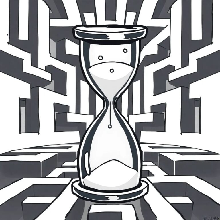 A shattered hourglass with digital sand flowing into a labyrinthine maze