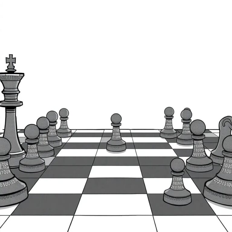 A chessboard with AI-controlled pieces facing off against human-controlled pieces, where each piece is adorned with glowing ethical dilemmas written in binary code.