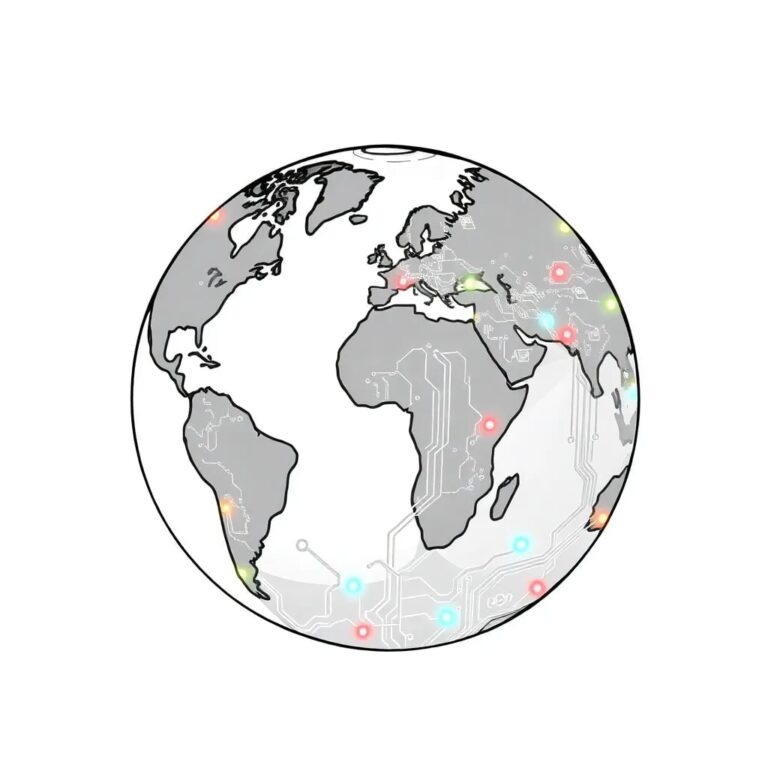 A globe made of interconnected, multicolored circuit boards with LED lights tracing international borders and data pathways